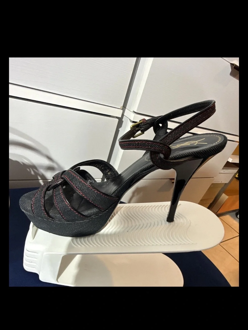 Saint Laurent Tribute Black Denim Ankle-Strap Platform Sandals